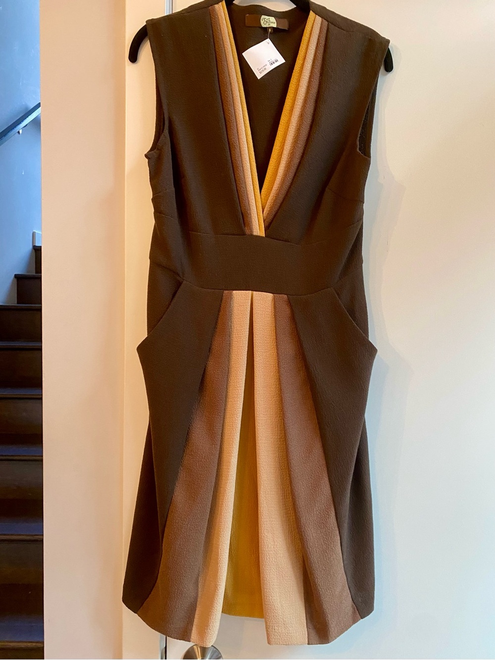 Eva Franco Brown Dress with Tan & Gold Pleats